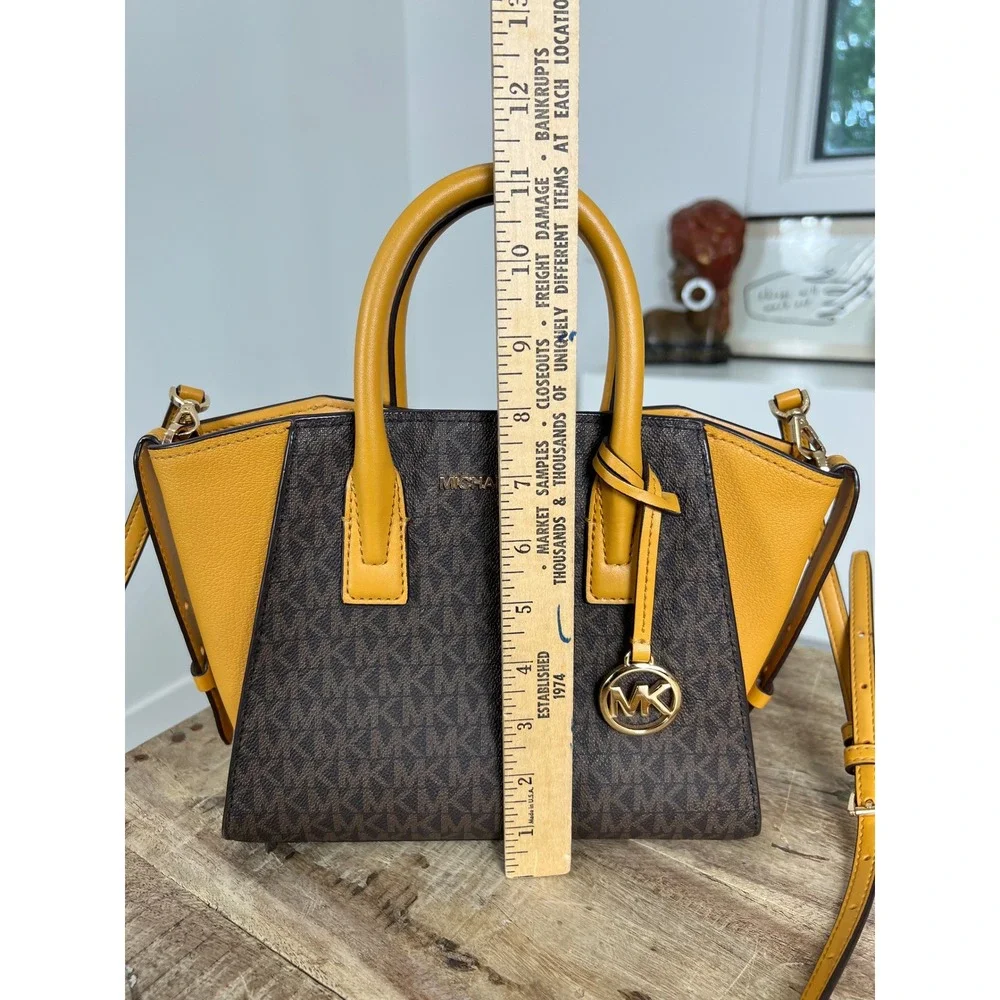 Michael Kors Hope Medium Satchel Brown Monogram Yellow Leather Crossbody Bag